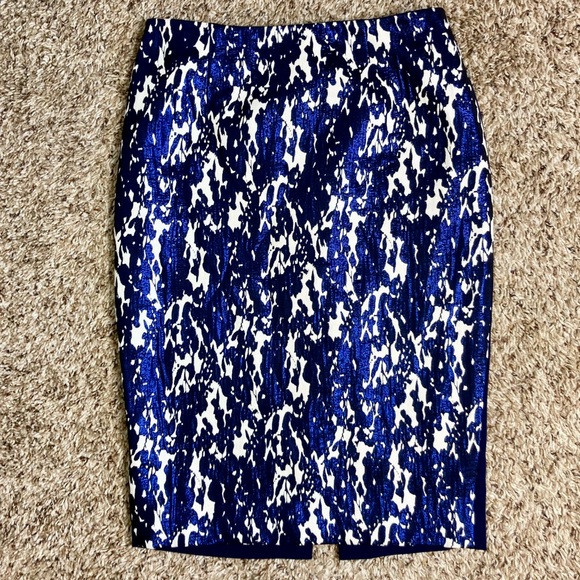MISHA NONOO Pencil Skirt Blue Shimmer Stretch metallic business work size 2 - Picture 1 of 8